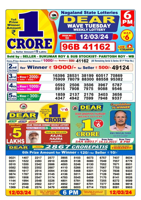 Lottery Sambad Today Result|Dear lottery result 6pm 12-03-2024