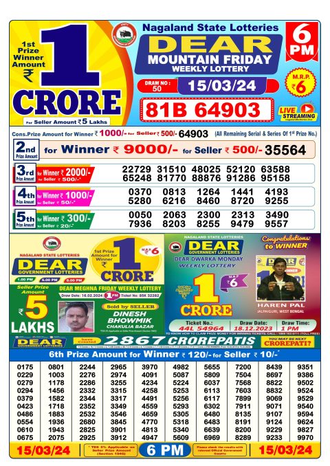 Lottery Sambad Today Result|Dear lottery result 6pm 15-3-24
