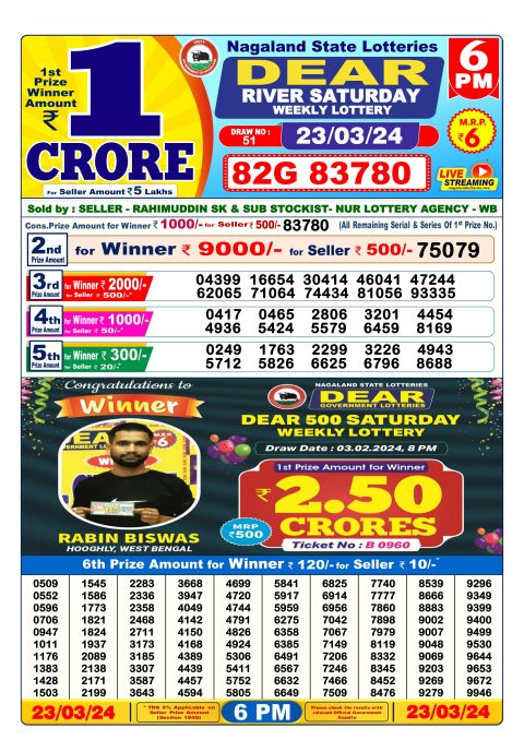 Lottery Sambad Today Result|Dear lottery result 6pm 23-03-2024