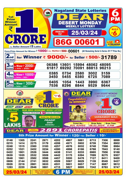 Lottery Sambad Today Result|Dear lottery result 6pm 25-3-24