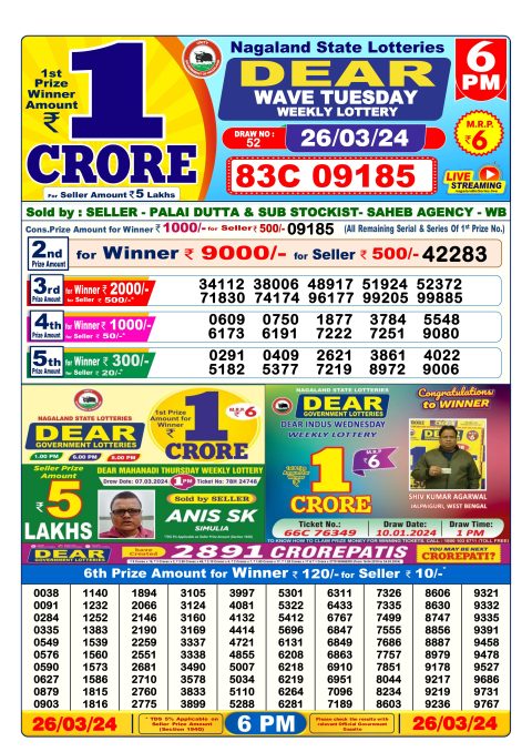 Lottery Sambad Today Result|Dear lottery result 6pm 26-3-24