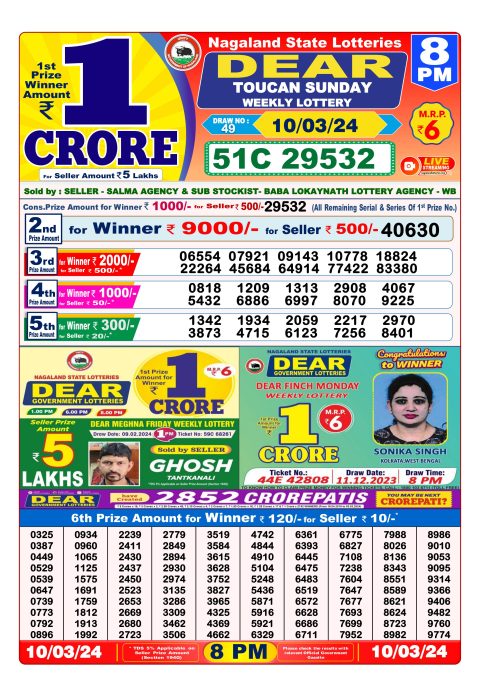 Lottery Sambad Today Result|Dear lottery result 8pm 10-3-2024