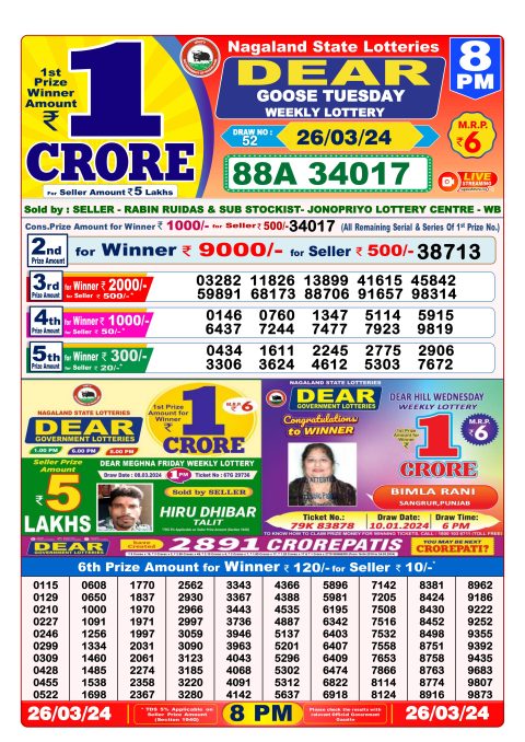 Lottery Sambad Today Result|Dear lottery result 8pm 26-3-24
