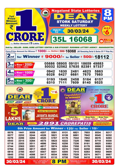 Lottery Sambad Today Result|Dear lottery result 8pm 30-3-24