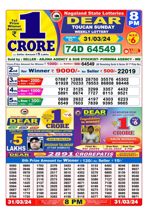 Lottery Sambad Today Result|Dear lottery result 8pm 31-3-24