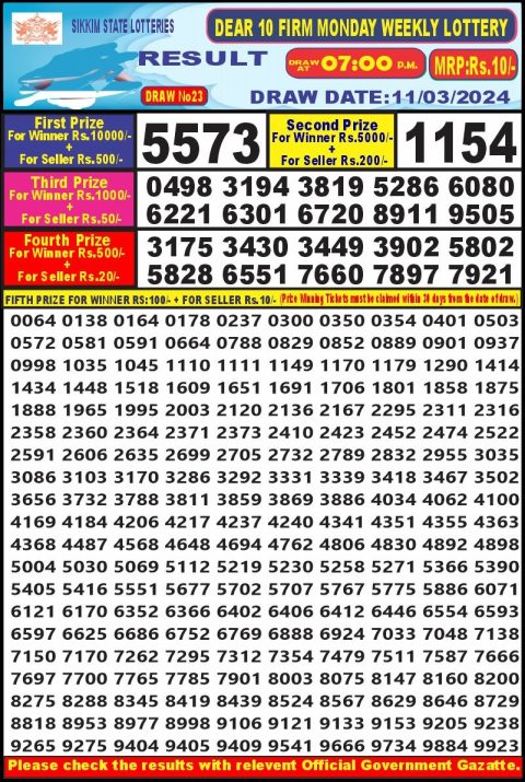 Lottery Sambad Today Result|Dear10  lottery result 7pm 11-03-2024