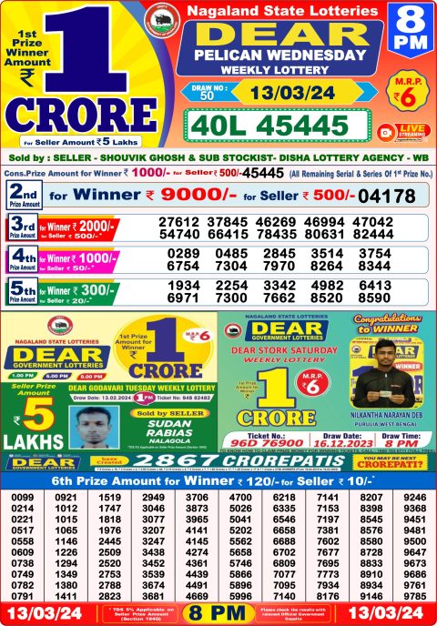 Lottery Sambad Today Result|Dear lottery result 8pm 13-3-24