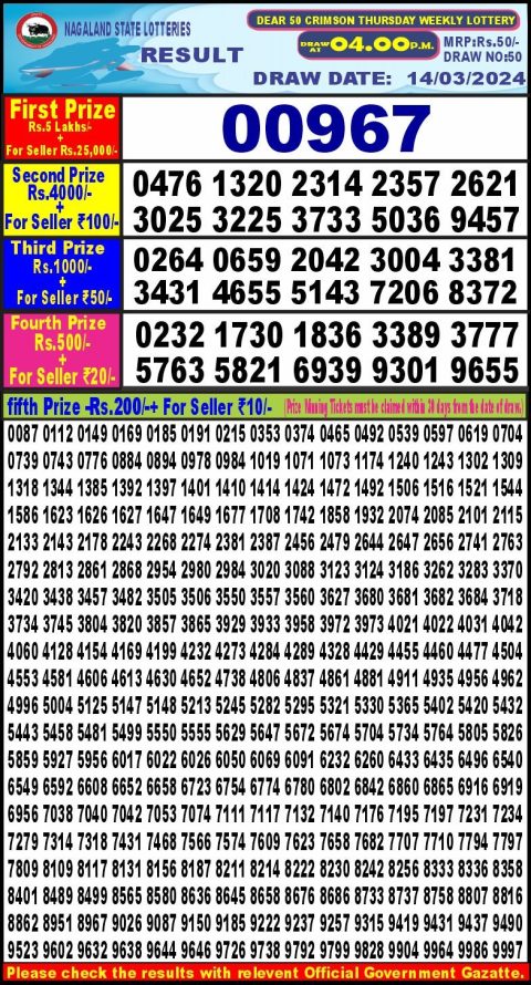 Lottery Sambad Today Result|Dear50 lottery result 4pm 14-3-24