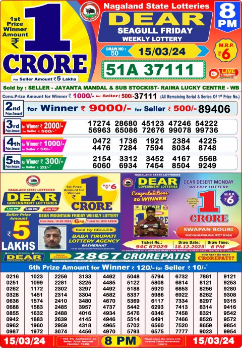 Lottery Sambad Today Result|Dear lottery result 8pm 15-3-24