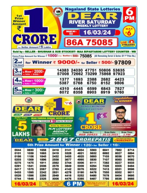 Lottery Sambad Today Result|Dear lottery result 6pm 16-3-24