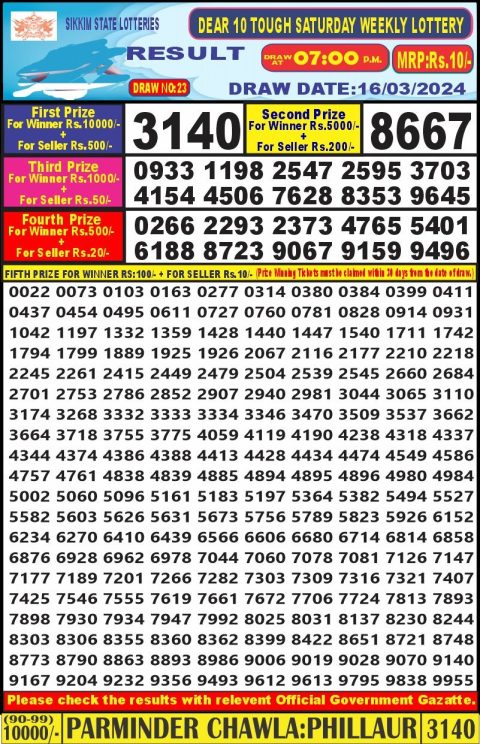 Lottery Sambad Today Result|Dear10 lottery result 7pm 16-3-24