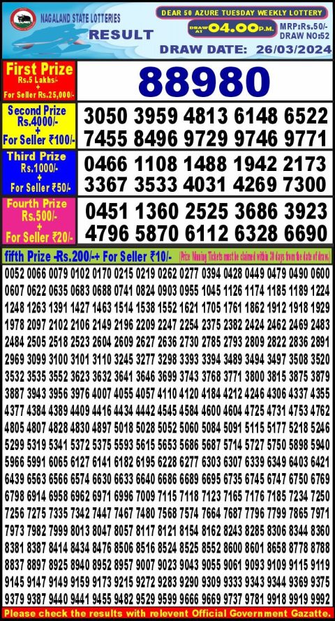 Lottery Sambad Today Result|Dear50 4pm lottery result 26-3-24