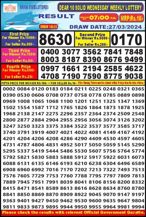 Lottery Sambad Today Result|Dear10 lottery result 7pm 27-3-24