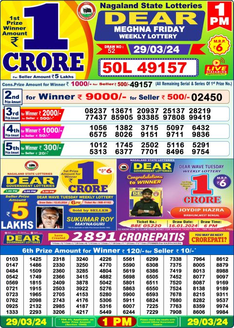 Lottery Sambad Today Result|Dear lottery result 1pm 29-3-24