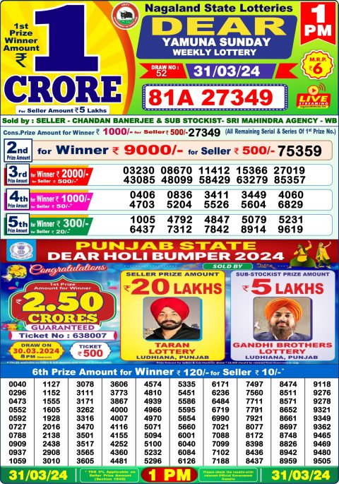 Lottery Sambad Today Result|Dear lottery result 1pm 31-3-24