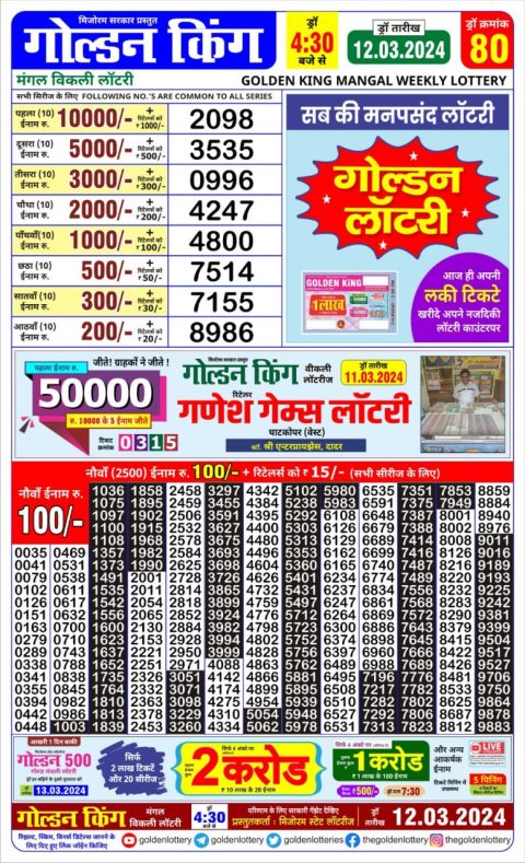 Lottery Sambad Today Result|Golden king lottery result 4.30pm 12-3-24