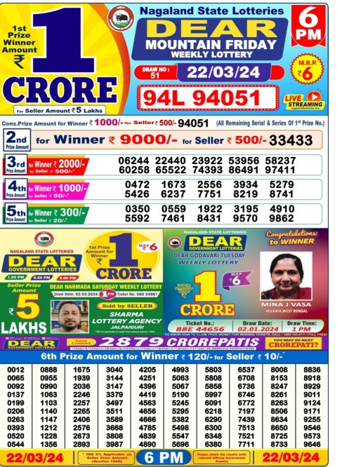 Lottery Sambad Today Result|Dear lottery result 8pm 22-3-24