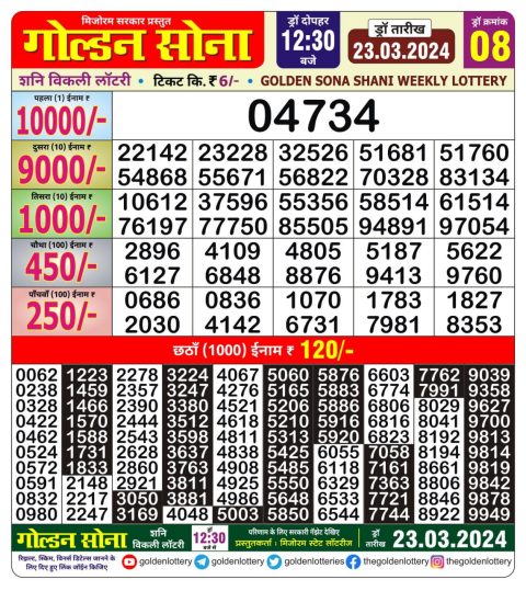 Lottery Sambad Today Result|Golden sona lottery 12.30pm 23-3-24