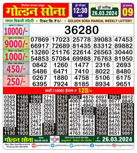 Lottery Sambad Today Result|Golden sona lottery 12.30pm 26-3-24