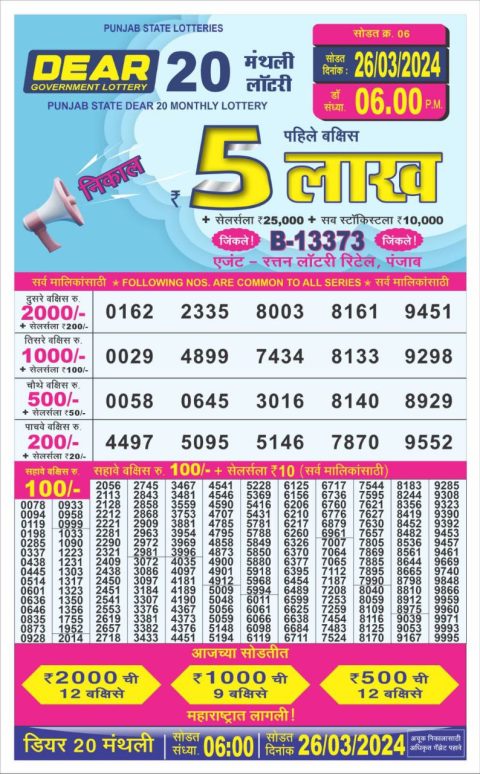 Lottery Sambad Today Result|Punjab state 20 lottery results monthly 26/3/24