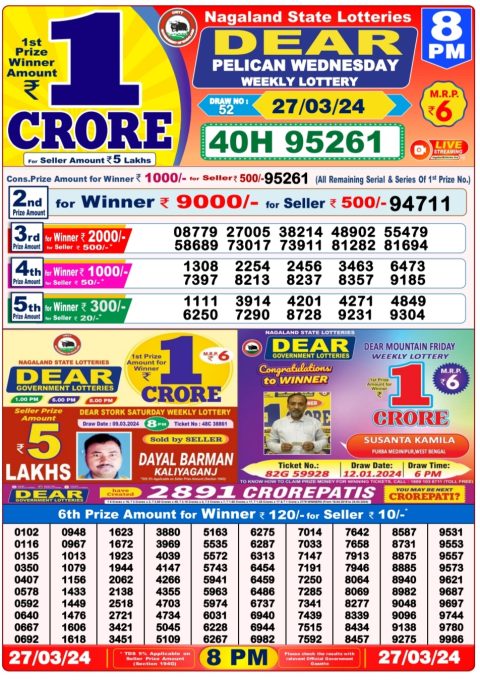 Lottery Sambad Today Result|Dear lottery result 8pm 27-3-24