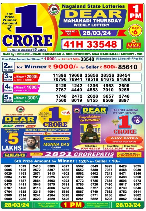 Lottery Sambad Today Result|Dear lottery result 1pm 28-3-24