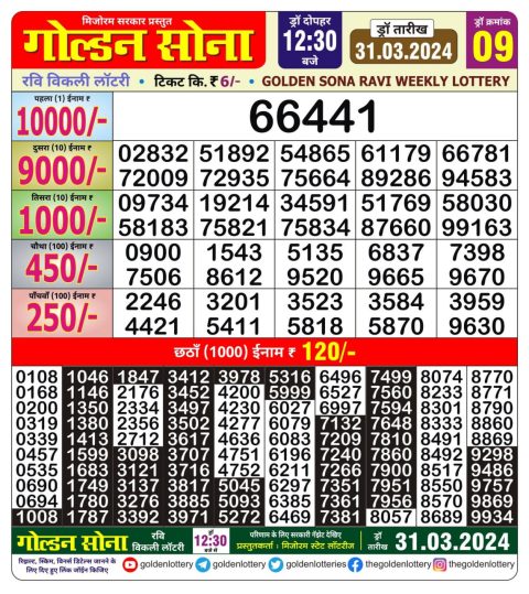 Lottery Sambad Today Result|Golden sona lottery 12.30pm 31-3-24