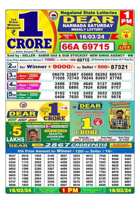 Lottery Sambad Today Result|Dear lottery result 1pm 16-3-24
