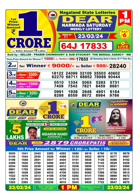 Lottery Sambad Today Result|Dear lottery result 1pm 23-3-24