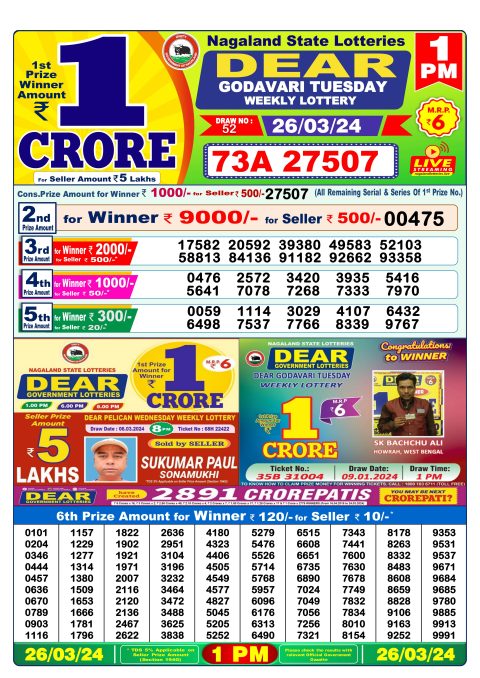 Lottery Sambad Today Result|Dear lottery result 1pm 26-3-24