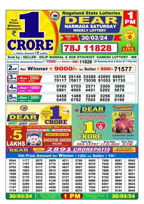 Lottery Sambad Today Result|Dear lottery result 1pm 30-3-24