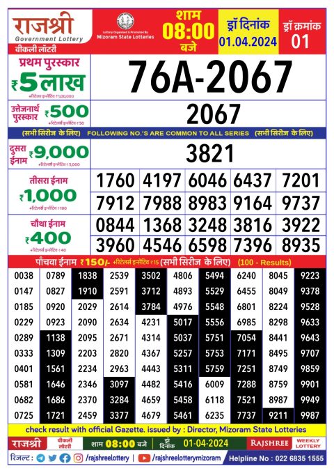 Lottery Sambad Today Result|Rajshree daily lottery result 8pm 1-4-24
