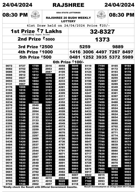 Lottery Sambad Today Result|Rajshree20 daily 8.30pm result 24.4.24