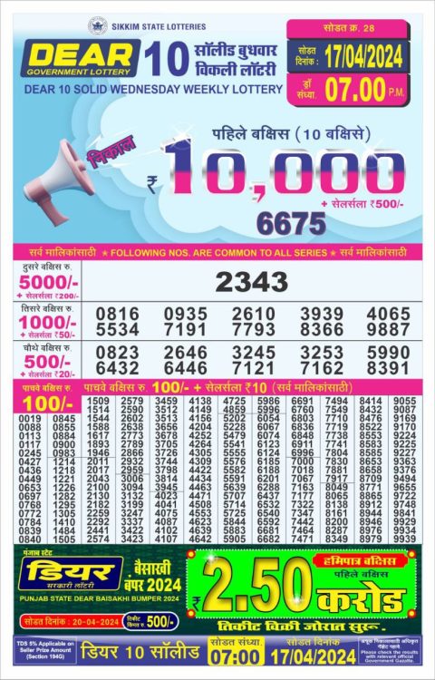 Lottery Sambad Today Result|Dear10 Daily Lottery 7PM Result 17Apr 24