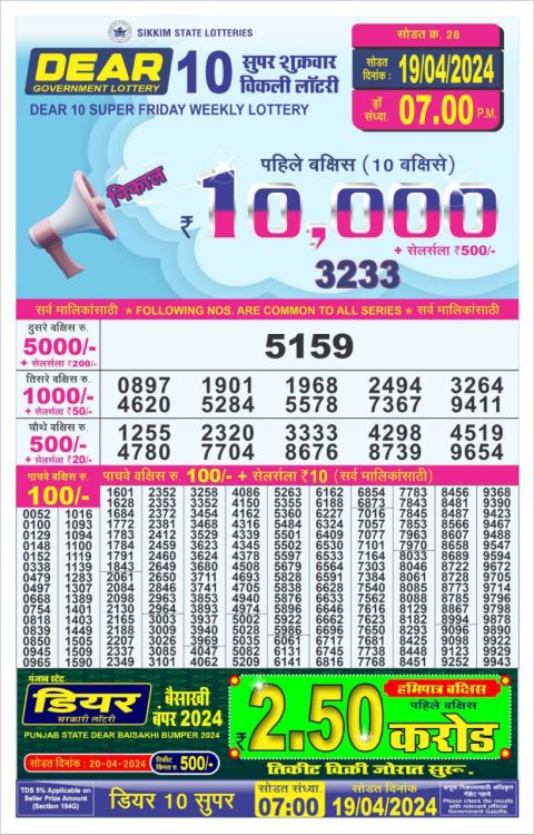 Lottery Sambad Today Result|Dear10 Daily Lottery 7PM Result 19Apr 24