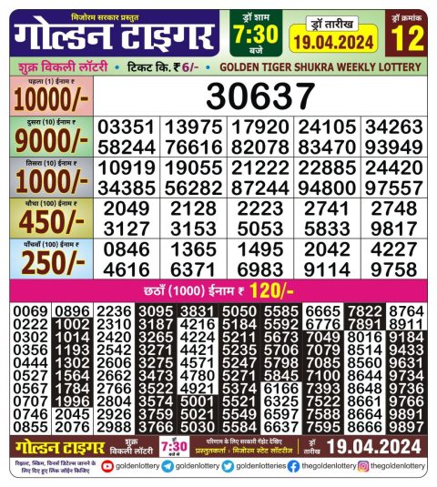 Lottery Sambad Today Result|Golden tiger 7:30pm result 19/04/24