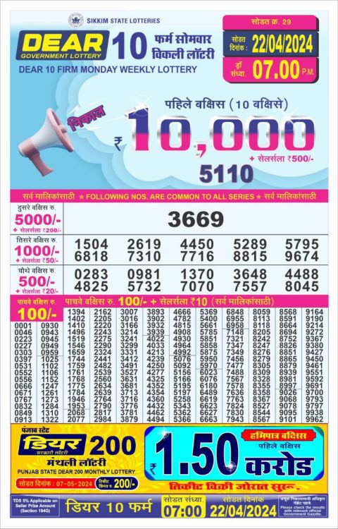 Lottery Sambad Today Result|Dear10 Daily Lottery 7PM Result 22Apr 24