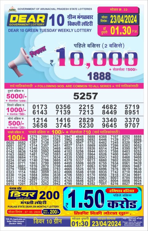 Lottery Sambad Today Result|Dear10 Daily Lottery 1.30PM Result 23Apr24