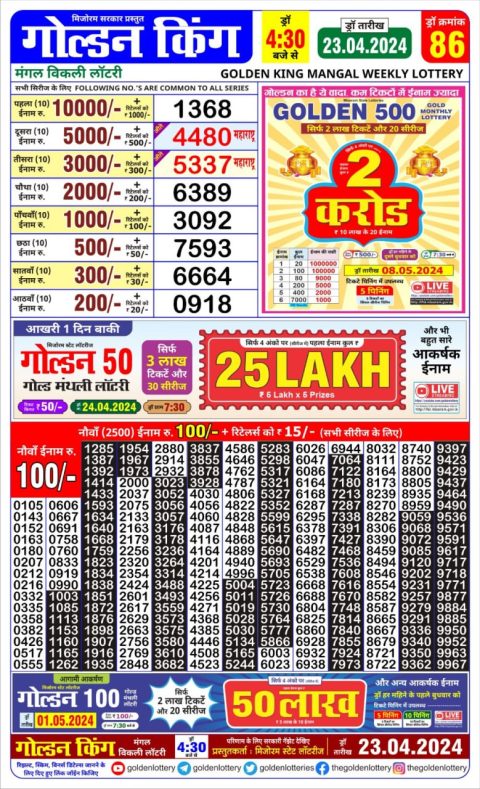 Lottery Sambad Today Result|Golden king lottery 4.30pm 23-4-24