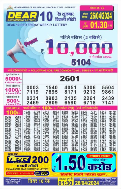 Lottery Sambad Today Result|Dear10 Daily Lottery 1.30PM Result 26Apr24