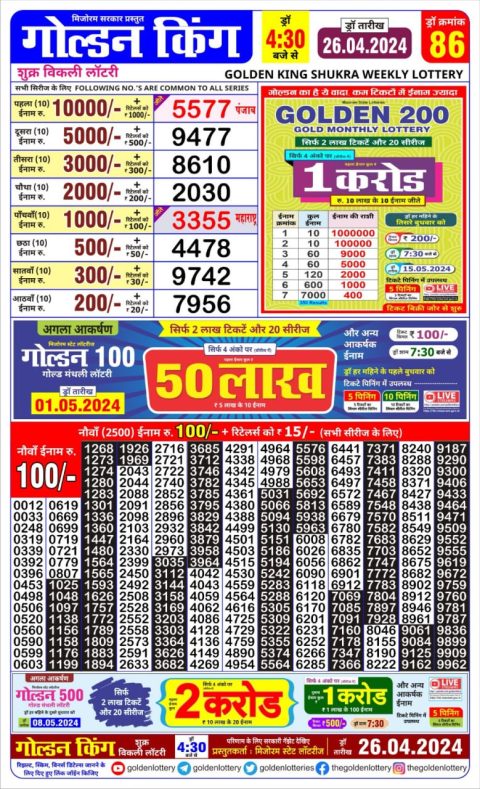 Lottery Sambad Today Result|Golden king lottery 4.30pm 26-4-24