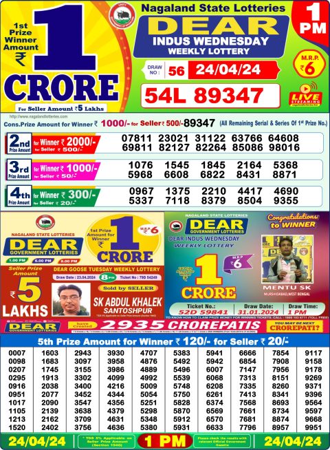 Lottery Sambad Today Result|Dear Lottery 1PM Result For 24 Apr 2024
