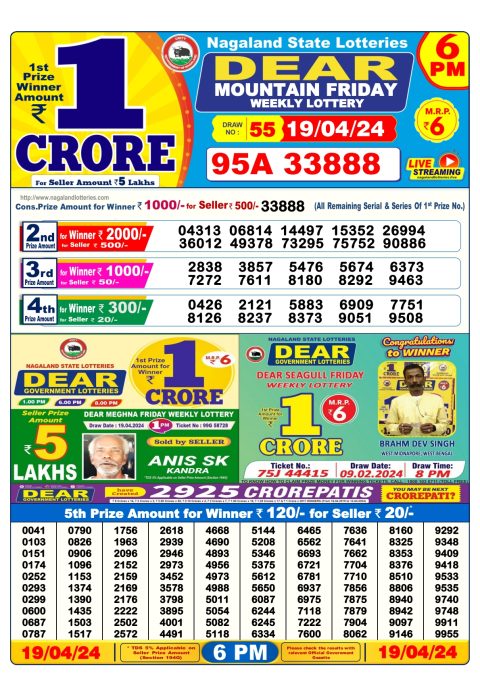 Lottery Sambad Today Result|Dear Daily Lottery 6PM Result 19Apr 24