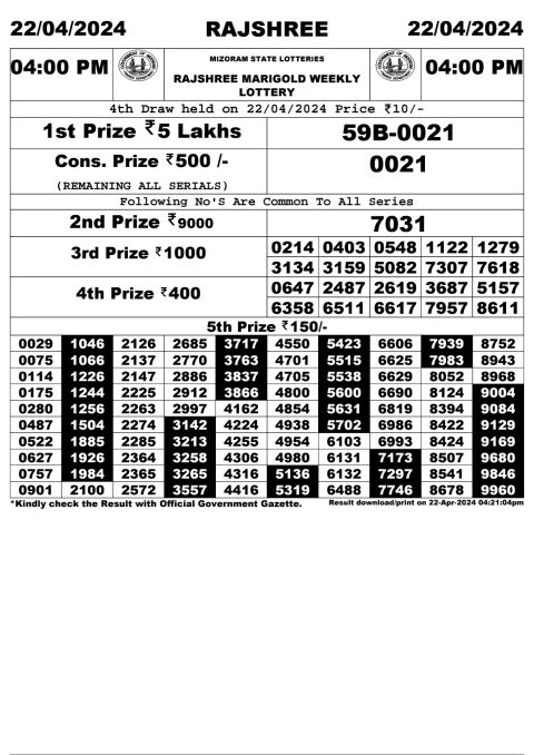 Lottery Sambad Today Result|Rajshree Daily Lottery 4PM Result 22Apr 24