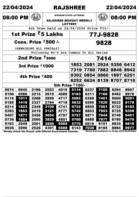 Lottery Sambad Today Result|Rajshree Daily Lottery 8PM Result 22Apr 24