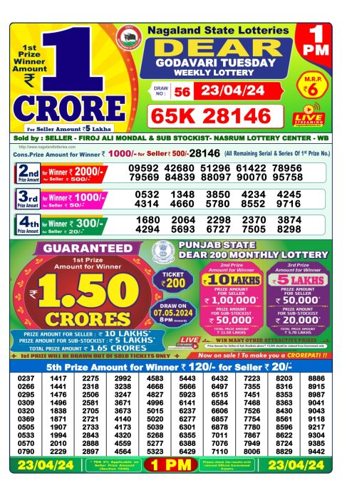 Lottery Sambad Today Result|Dear Daily Lottery 1PM Result 23Apr 24