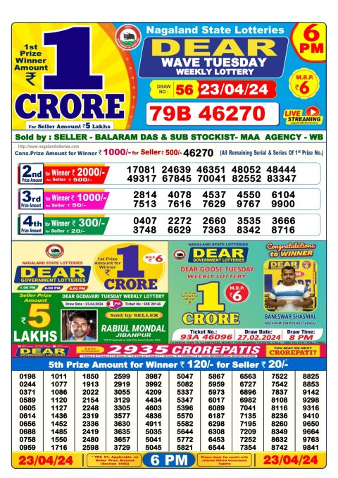 Lottery Sambad Today Result|Dear lottery result 6pm 23-4-24