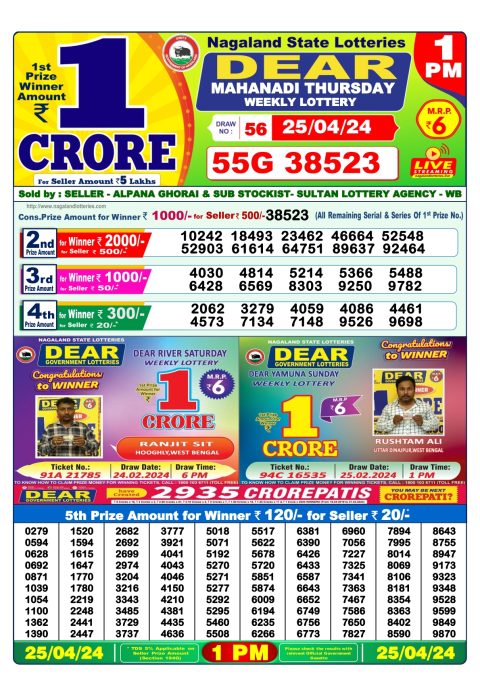 Lottery Sambad Today Result|Dear Daily Lottery 1PM Result 25Apr 24