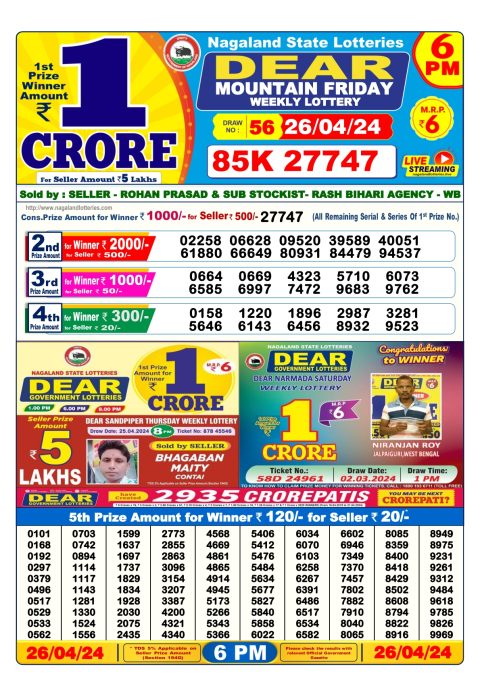 Lottery Sambad Today Result|Dear lottery result 6pm 26-4-24
