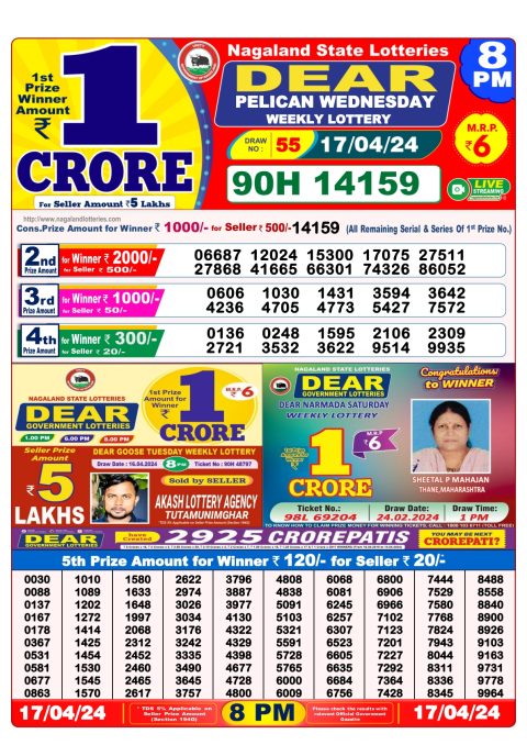 Lottery Sambad Today Result|Dear Daily Lottery 8PM Result 17Apr 24